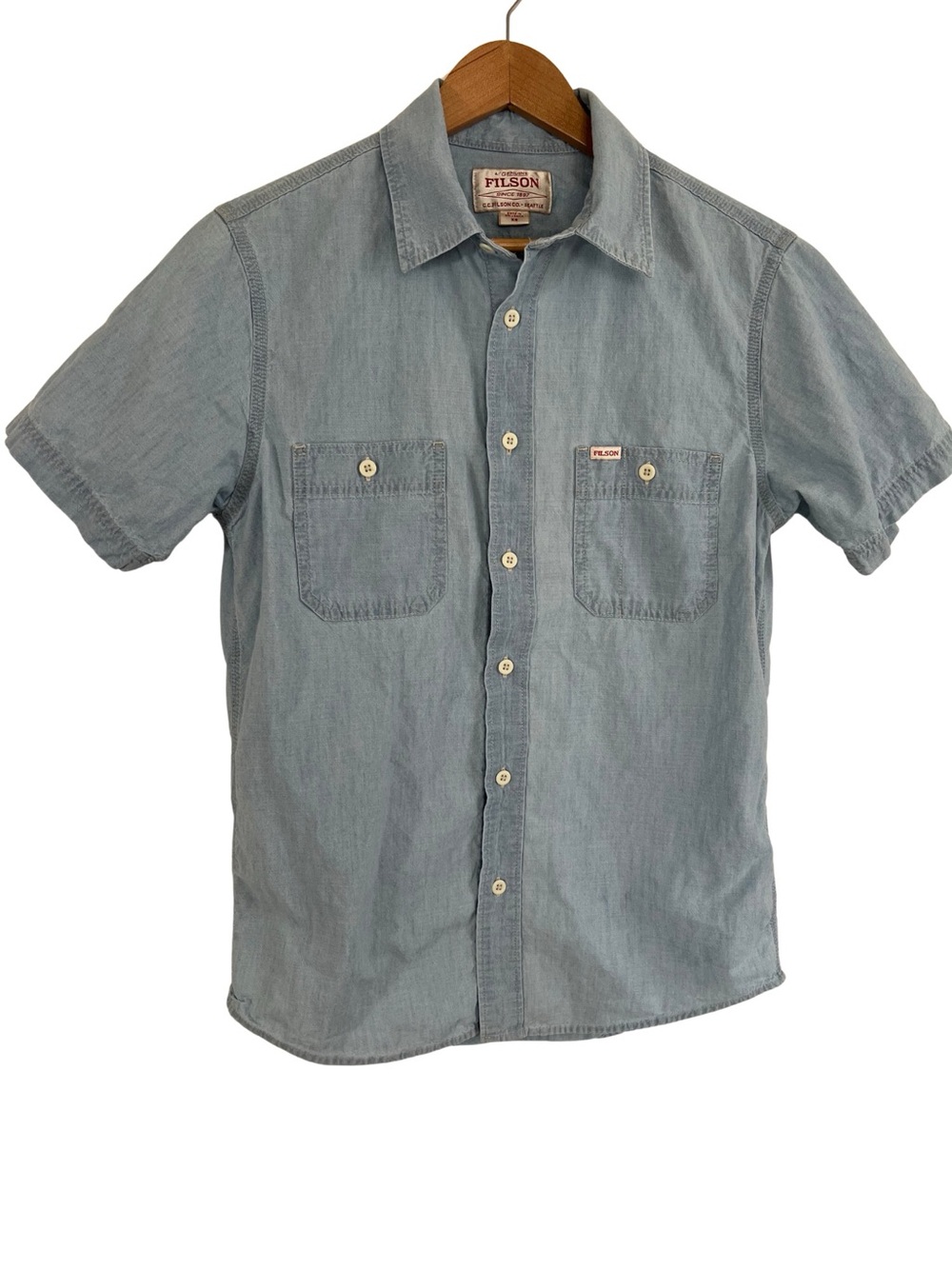 Filson Short Sleeve Button Up Shirt XS Light Blue Cotton Workwear